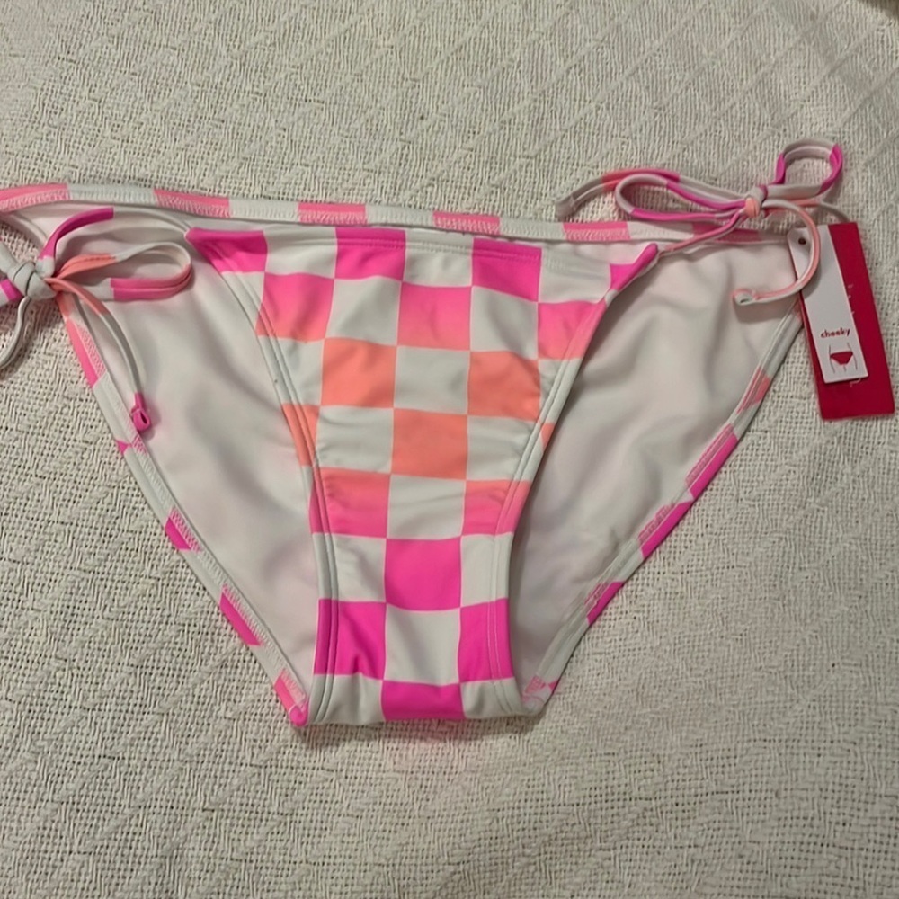 Xhilaration multi check string bikini bottom juniors pink orange white 80s retro